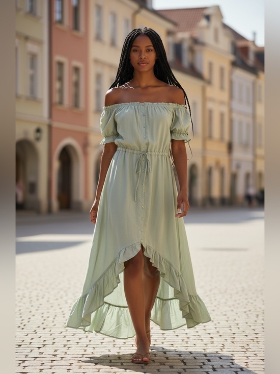 Dresses & Skirts - Off-Shoulder Sage Green Ruffle-Hem Maxi Dress